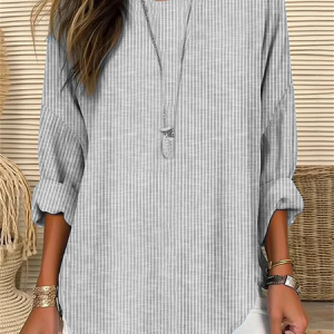 Crew Neck Long Sleeve Striped Regular Loose Blouse For Women, Blouses, color:Gray|size:XXL, catalog Noracora shop