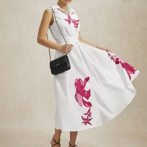 Better Basics Floral Cinched Waist Shirt Dress, Midi Dresses, color:White|size:XXL, Stylewe