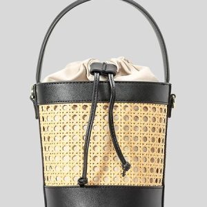 Hollow Out Woven Rattan Beach Bucket Bag Drawstring Design Shoulder Crossbody Handbag, Bags, color:Black|size:One-size, Stylewe
