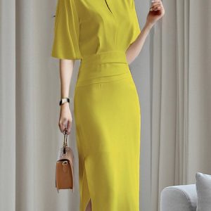 Half Sleeve V Neck Plain Regular Fit Elegant Dress, Midi Dresses, color:Yellow|size:XXL, Stylewe