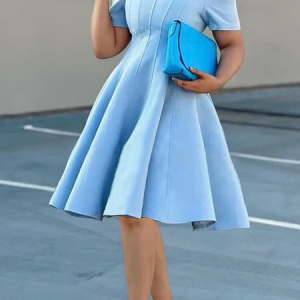 Regular Fit Crew Neck Short Sleeve Elegant Plain Short Dress, Mini Dresses, color:Blue|size:XXL, Stylewe