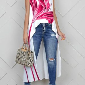 Loose Printing Casual Notched Tank Top, Tanks and Camis, color:White-Red|size:XXL, Stylewe