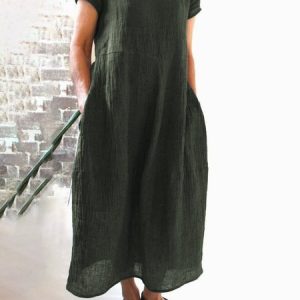 Women Linen Cotton Casual Solid Round Neck Women Dress, Maxi Dresses, Roselinlin - Online Catalog