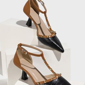 Croc Embossed Color Block Rivet Kitten Heel T-Strap Pumps, Heels, color:Brown|size:42, Stylewe