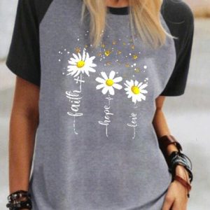 Short Sleeve Casual Sunflower Color-Block T-shirt, Tees & T-shirts, Roselinlin - Online Catalog