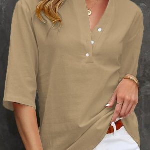 Plain Half Open Collar Casual Cotton Blouse, Blouses & Shirts, Roselinlin - Online Catalog