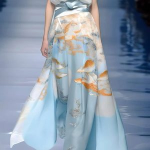 Regular Fit Random Print Elegant Maxi Skirt With Belt, Skirts, color:Blue|size:XXL, Stylewe