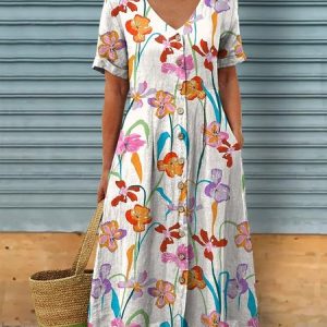 Floral V Neck Casual Dress, Midi Dresses, Roselinlin - Online Catalog