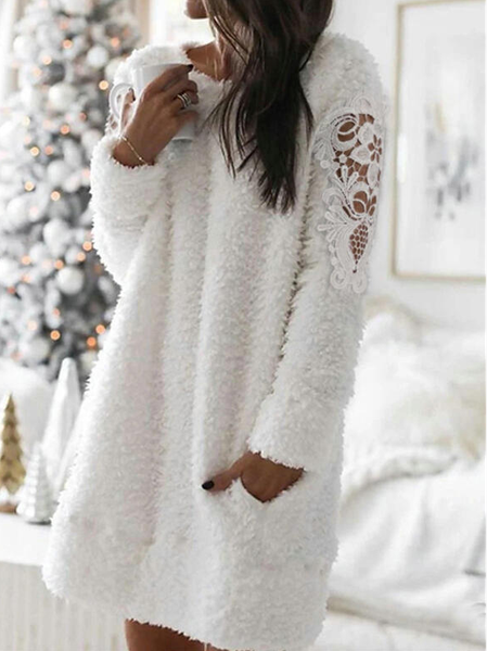 Lace Plain Fluff/Granular Fleece Fabric Casual Crew Neck Dress, JustFashionNow Dresses, color:White|size:XXL,