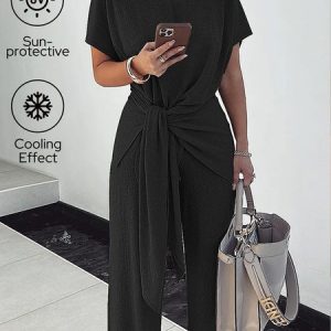 Cooling Waist-Tie Sweater, Pullovers, color:Black|size:XXL, Stylewe