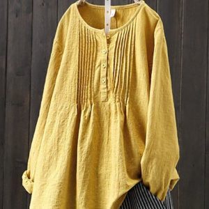 Women's Shirt Blouse Linen Cotton Solid Color Daily Vacation Weekend Ruched Button Long Sleeve Basic Casual Crew Neck Regular Fit Spring Fall Winter, Blouses & Shirts, Roselinlin - Online Catalog