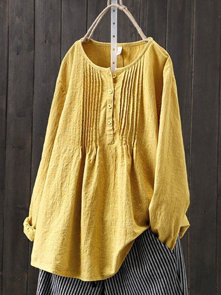 Women's Shirt Blouse Linen Cotton Solid Color Daily Vacation Weekend Ruched Button Long Sleeve Basic Casual Crew Neck Regular Fit Spring Fall Winter, Blouses & Shirts, Roselinlin - Online Catalog