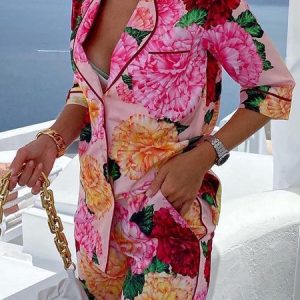 Regular Fit Shawl Collar Elegant Floral Blouse, Blazers, color:As Picture|size:XXL, Stylewe