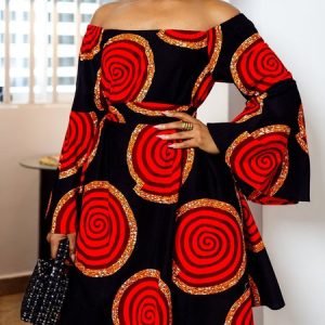 Abstract Geometry Regular Fit Cold Shoulder Urban Dress, Mini Dresses, color:Black-red|size:XXL, Stylewe