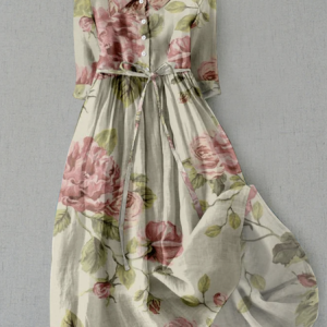 Loose Shirt Collar Vacation Floral Linen Style Dress With Belt, Midi Dresses, Roselinlin - Online Catalog