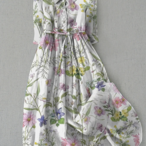 Floral Shirt Collar Loose Linen Style Dress With Belt, Midi Dresses, Roselinlin - Online Catalog