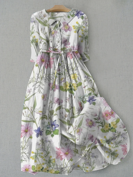 Floral Shirt Collar Loose Linen Style Dress With Belt, Midi Dresses, Roselinlin - Online Catalog