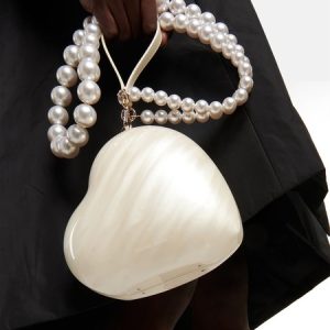 Elegant Heart Mini Acrylic Handbag with Imitation Pearl Crossbody Strap, Bags, color:White|size:One-size, Stylewe