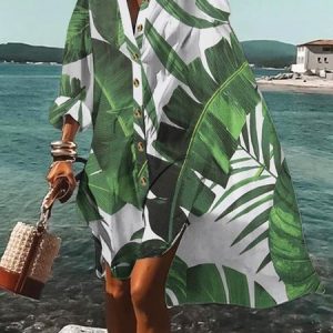 Vacation Shirt Collar Tropical Dress, Mini Dresses, color:As Picture|size:XXL, Stylewe