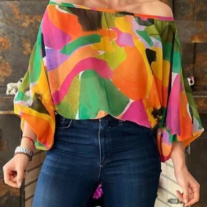 Cold Shoulder Random Print Loose Urban Shirt, Blouses and Shirts, color:As Picture|size:XXL, Stylewe