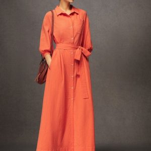 Daily Linen Button-Front Belted Shirt Dress with Pocket, Maxi Dresses, color:Orange|size:XXL, Stylewe
