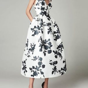 Floral Elegant V Neck High Waist Sleeveless  Dress, Midi Dresses, color:Black-white|size:XXL, Stylewe