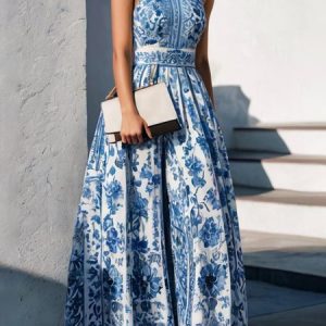 Vacation Halter Floral Dress, Maxi Dresses, color:Blue|size:XXL, Stylewe