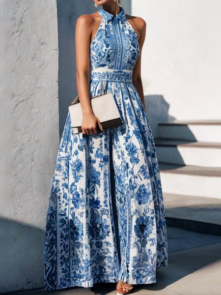 Vacation Halter Floral Dress, Maxi Dresses, color:Blue|size:XXL, Stylewe