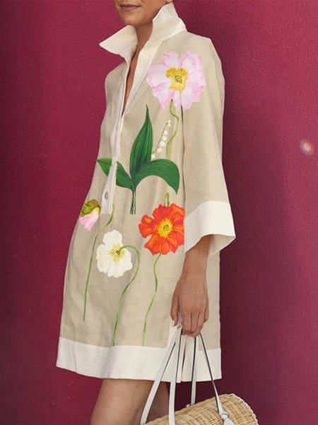 Floral Loose Daily Shirt Collar Dress, Mini Dresses, color:As Picture|size:XXL, Stylewe