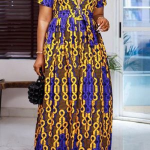 Shawl Collar Abstract Regular Fit Urban Dress, Maxi Dresses, color:As Picture|size:XXL, Stylewe