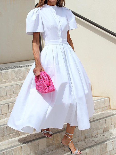Elegant Stand Collar Plain Maxi Dress, Maxi Dresses, color:White|size:XXL, Stylewe