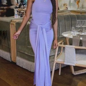 Elegant Crew Neck Tight Plain Dress, Maxi Dresses, color:Light Purple|size:XXL, Stylewe
