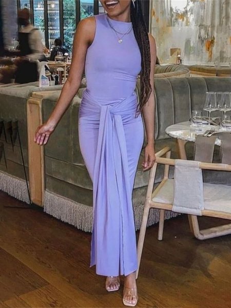 Elegant Crew Neck Tight Plain Dress, Maxi Dresses, color:Light Purple|size:XXL, Stylewe
