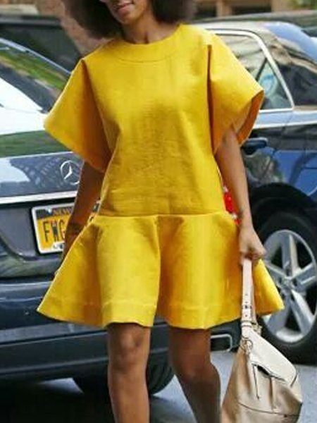 Crew Neck Loose Urban Short Sleeve Mini Dress, Mini Dresses, color:Yellow|size:XXL, Stylewe