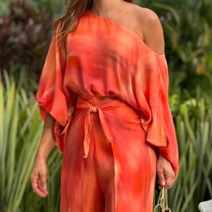 Random Print Vacation Loose Boat Neck Shirt, Blouses and Shirts, color:Orange|size:XXL, Stylewe