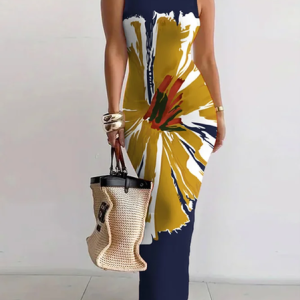 Plus size Notched Floral Urban Printing Dress, Maxi Dresses, color:As Picture|size:4X, Stylewe
