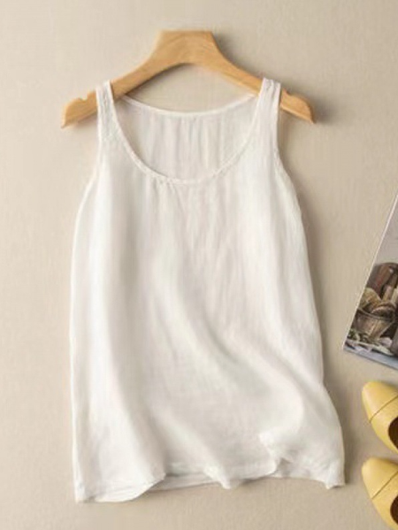 Crew Neck Plain Linen Style Tank Top, Tank Tops & Camis, Roselinlin - Online Catalog