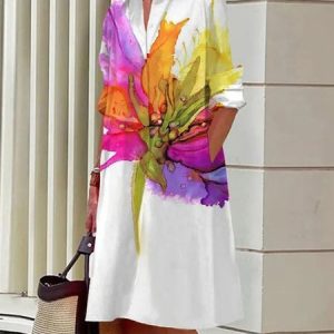 Daily Floral Casual Pocket Shirt Dress, Midi Dresses, color:White|size:XXL, Stylewe