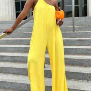Loose Casual Plain One Shoulder Jumpsuit, Jumpsuits, color:Yellow|size:XXL, Stylewe