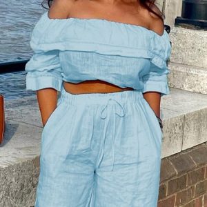 Vacation Off-shoulder Loose Linen Shirt, Blouses and Shirts, color:Light Blue|size:XXL, Stylewe