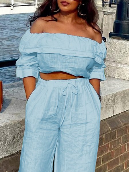 Vacation Off-shoulder Loose Linen Shirt, Blouses and Shirts, color:Light Blue|size:XXL, Stylewe