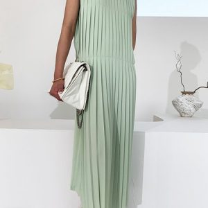 Crew Neck Plain Loose Elegant Pleated Dress, Maxi Dresses, color:Green|size:XL, Stylewe