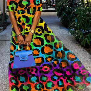 Vacation Crew Neck Short Sleeve Loose Leopard Maxi Dress, Maxi Dresses, color:As Picture|size:XXL, Stylewe