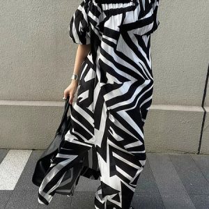 Cold Shoulder Geometric Vacation Loose Dress, Maxi Dresses, color:Black-white|size:XL, Stylewe