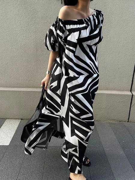 Cold Shoulder Geometric Vacation Loose Dress, Maxi Dresses, color:Black-white|size:XL, Stylewe