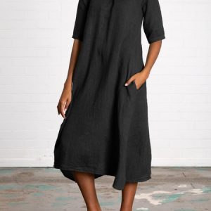 V Neck Half Sleeve Pockets Linen Women Midi Dress, Maxi Dresses, Roselinlin - Online Catalog