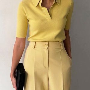 Daily Short Sleeve Slim Polo Collar Shirt, Blouses and Shirts, color:Yellow|size:XXL, Stylewe