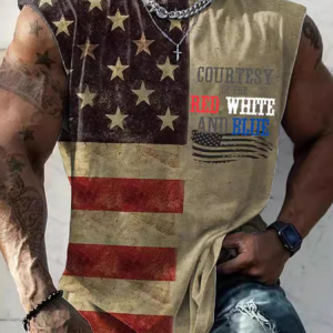 Men's Courtesy Of The Red White And Blue Printed Crew Neck Loose Casual Tank Top, Tank Tops, Lilicloth.com