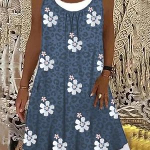 Floral Casual Loose Sleeveless Crew Neck Dress, Midi Dresses, Roselinlin - Online Catalog