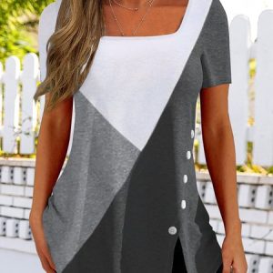 color block Plain button irregular hem contrast Top T-shirt tunic, Blouses & Shirts, Roselinlin - Online Catalog